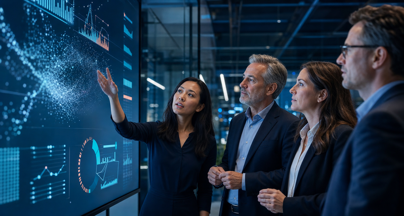 Líderes empresariales analizando soluciones de inteligencia artificial