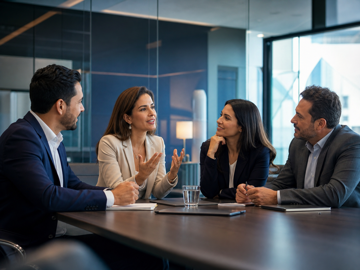 Líderes empresariales conversando en una sala de reuniones