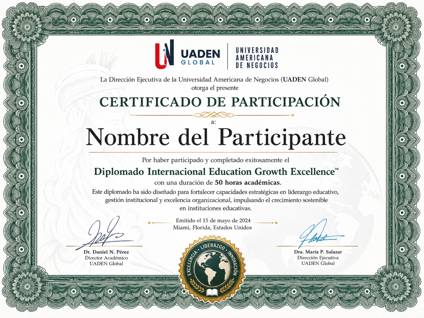 Certificado de participación emitido por UADEN